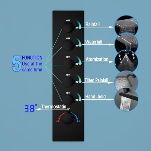 Enga Full Body LED Thermostatic Shower System with Body Jets  20 Inch 3 Function Shower Head  Rainfall & Mist & Waterfall   Luxury Multi Function Rain Shower Faucet Set  Matte Black