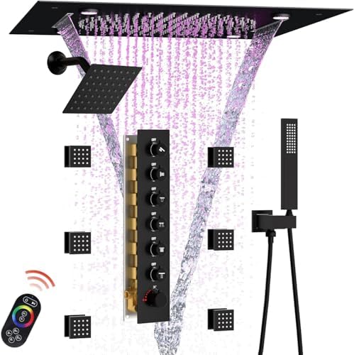 Enga Luxury Dual Shower Head System with Body Jets LED Thermostatic Shower System with 6 inch Wall Shower  20 Inch 3 Function Shower Head  Rainfall & Mist & Waterfall   Matte Black