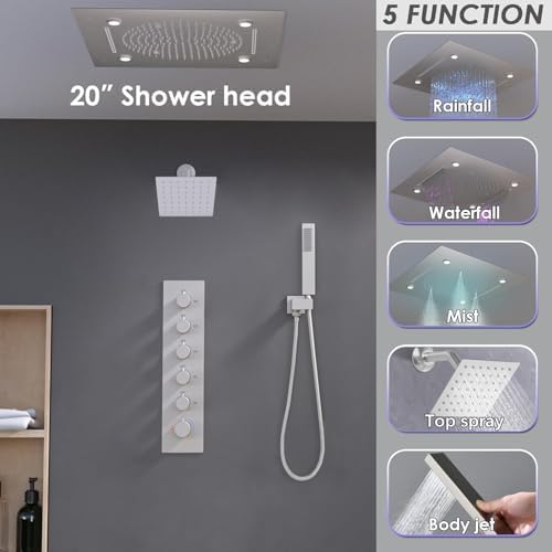 Enga Luxury Dual Shower Head System with Body Jets LED Thermostatic Shower System with 6 inch Wall Shower  20 Inch 3 Function Shower Head  Rainfall & Mist & Waterfall   Matte Black