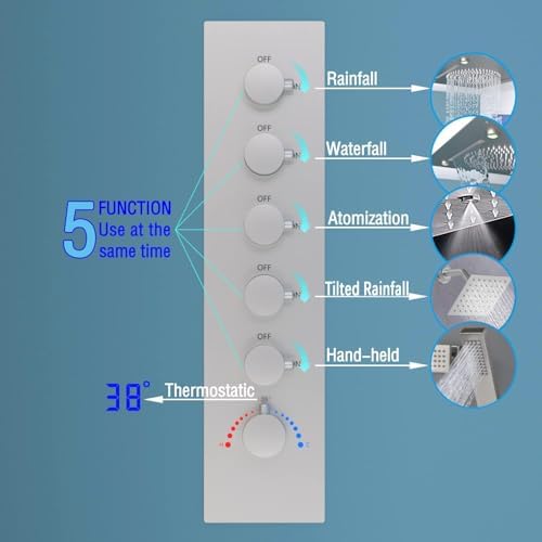 Enga Luxury Dual Shower Head System with Body Jets LED Thermostatic Shower System with 6 inch Wall Shower  20 Inch 3 Function Shower Head  Rainfall & Mist & Waterfall   Matte Black