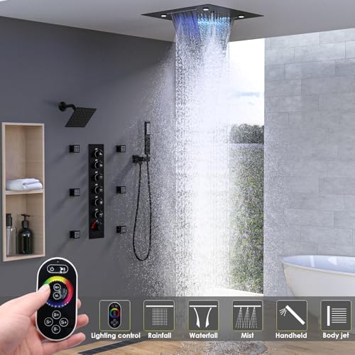 Enga Luxury Dual Shower Head System with Body Jets LED Thermostatic Shower System with 6 inch Wall Shower  20 Inch 3 Function Shower Head  Rainfall & Mist & Waterfall   Matte Black