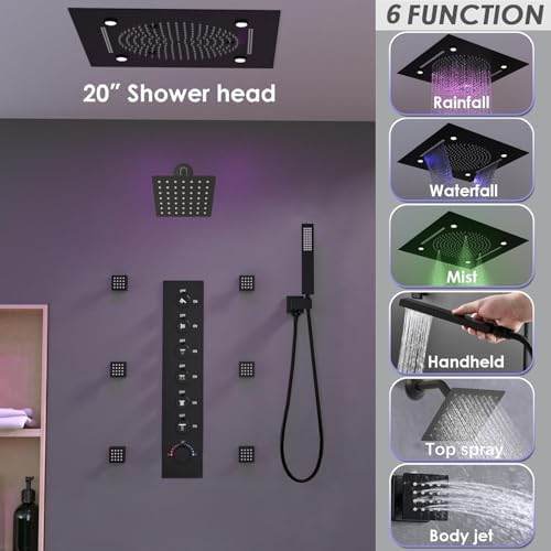 Enga Luxury Dual Shower Head System with Body Jets LED Thermostatic Shower System with 6 inch Wall Shower  20 Inch 3 Function Shower Head  Rainfall & Mist & Waterfall   Matte Black
