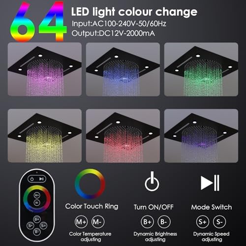 Enga Luxury Dual Shower Head System with Body Jets LED Thermostatic Shower System with 6 inch Wall Shower  20 Inch 3 Function Shower Head  Rainfall & Mist & Waterfall   Matte Black