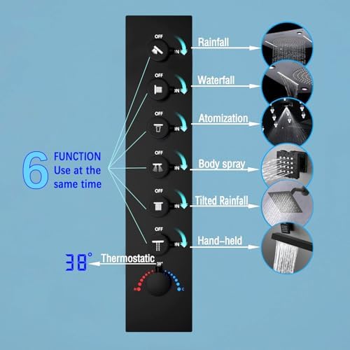 Enga Luxury Dual Shower Head System with Body Jets LED Thermostatic Shower System with 6 inch Wall Shower  20 Inch 3 Function Shower Head  Rainfall & Mist & Waterfall   Matte Black