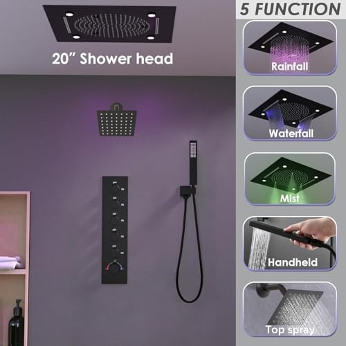 Enga Luxury Dual Shower Head System with Body Jets LED Thermostatic Shower System with 6 inch Wall Shower  20 Inch 3 Function Shower Head  Rainfall & Mist & Waterfall   Matte Black