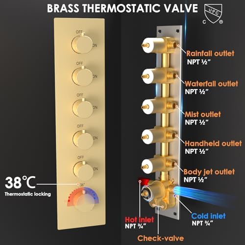 Enga Luxury Dual Shower Head System with Body Jets LED Thermostatic Shower System with 6 inch Wall Shower  20 Inch 3 Function Shower Head  Rainfall & Mist & Waterfall   Matte Black