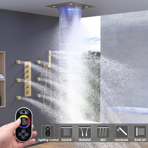 Enga Luxury Dual Shower Head System with Body Jets LED Thermostatic Shower System with 6 inch Wall Shower  20 Inch 3 Function Shower Head  Rainfall & Mist & Waterfall   Matte Black