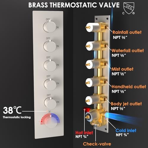 Enga Luxury Dual Shower Head System with Body Jets LED Thermostatic Shower System with 6 inch Wall Shower  20 Inch 3 Function Shower Head  Rainfall & Mist & Waterfall   Matte Black