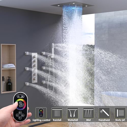 Enga Luxury Dual Shower Head System with Body Jets LED Thermostatic Shower System with 6 inch Wall Shower  20 Inch 3 Function Shower Head  Rainfall & Mist & Waterfall   Matte Black