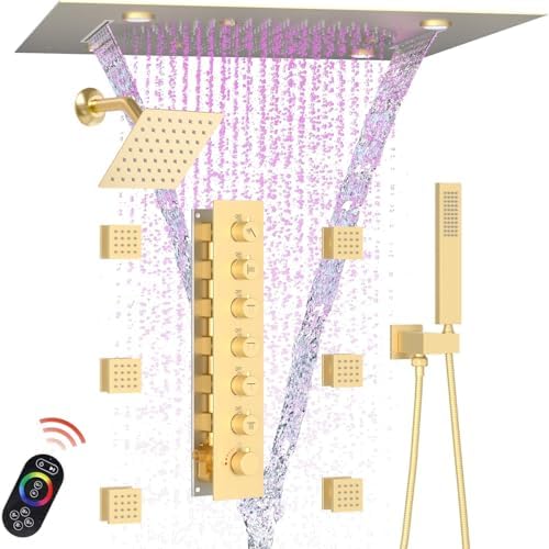 Enga Luxury Dual Shower Head System with Body Jets LED Thermostatic Shower System with 6 inch Wall Shower  20 Inch 3 Function Shower Head  Rainfall & Mist & Waterfall   Matte Black