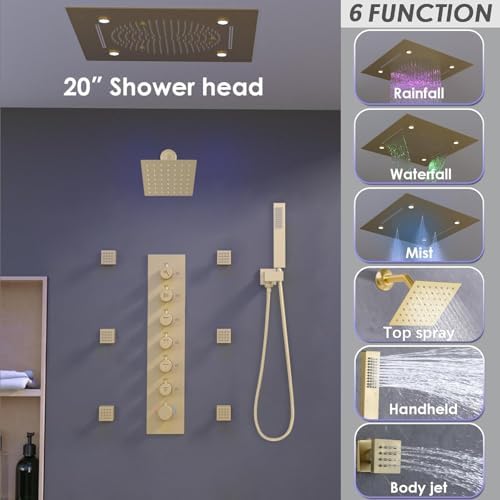 Enga Luxury Dual Shower Head System with Body Jets LED Thermostatic Shower System with 6 inch Wall Shower  20 Inch 3 Function Shower Head  Rainfall & Mist & Waterfall   Matte Black