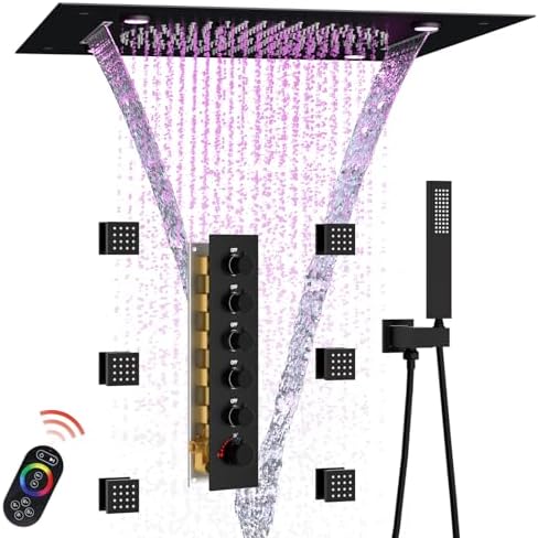 Enga Luxury Dual Shower Head System with Body Jets LED Thermostatic Shower System with 6 inch Wall Shower  20 Inch 3 Function Shower Head  Rainfall & Mist & Waterfall   Matte Black