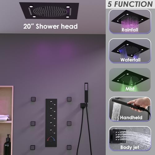 Enga Luxury Dual Shower Head System with Body Jets LED Thermostatic Shower System with 6 inch Wall Shower  20 Inch 3 Function Shower Head  Rainfall & Mist & Waterfall   Matte Black