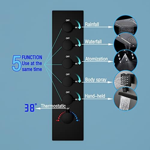 Enga Luxury Dual Shower Head System with Body Jets LED Thermostatic Shower System with 6 inch Wall Shower  20 Inch 3 Function Shower Head  Rainfall & Mist & Waterfall   Matte Black