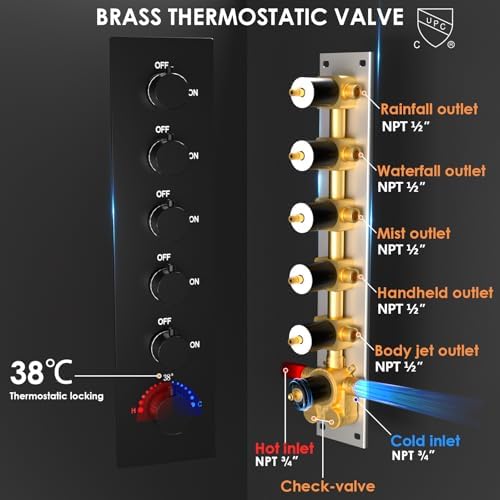 Enga Luxury Dual Shower Head System with Body Jets LED Thermostatic Shower System with 6 inch Wall Shower  20 Inch 3 Function Shower Head  Rainfall & Mist & Waterfall   Matte Black