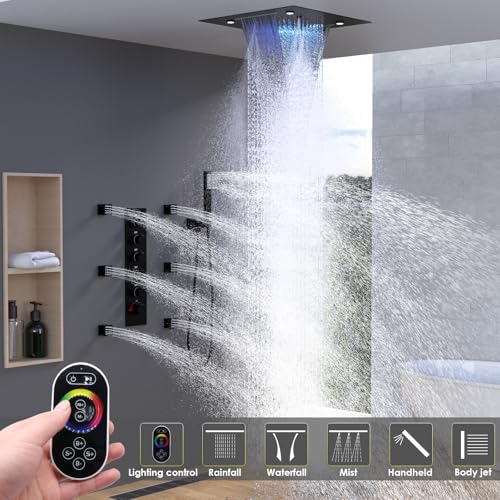 Enga Luxury Dual Shower Head System with Body Jets LED Thermostatic Shower System with 6 inch Wall Shower  20 Inch 3 Function Shower Head  Rainfall & Mist & Waterfall   Matte Black
