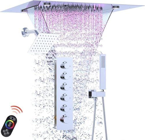 Enga Luxury Dual Shower Head System with Body Jets LED Thermostatic Shower System with 6 inch Wall Shower  20 Inch 3 Function Shower Head  Rainfall & Mist & Waterfall   Matte Black