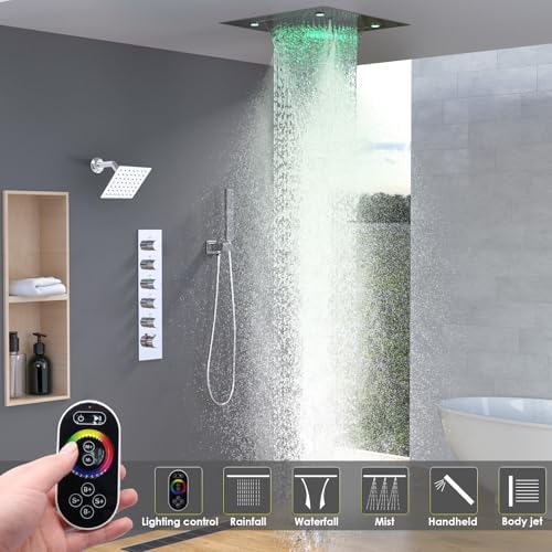 Enga Luxury Dual Shower Head System with Body Jets LED Thermostatic Shower System with 6 inch Wall Shower  20 Inch 3 Function Shower Head  Rainfall & Mist & Waterfall   Matte Black