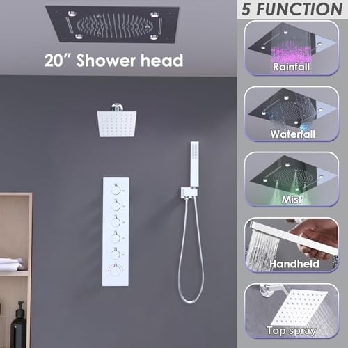 Enga Luxury Dual Shower Head System with Body Jets LED Thermostatic Shower System with 6 inch Wall Shower  20 Inch 3 Function Shower Head  Rainfall & Mist & Waterfall   Matte Black