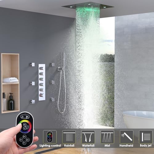 Enga Luxury Dual Shower Head System with Body Jets LED Thermostatic Shower System with 6 inch Wall Shower  20 Inch 3 Function Shower Head  Rainfall & Mist & Waterfall   Matte Black