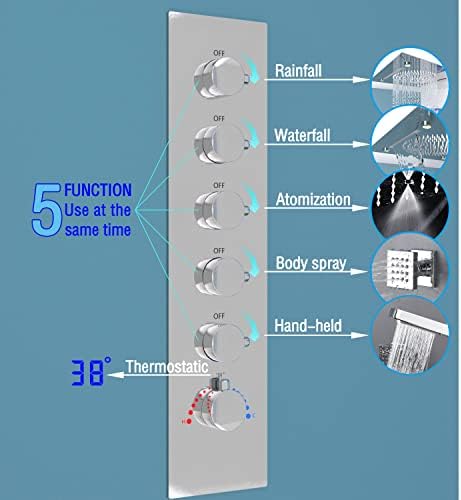 Enga Luxury Dual Shower Head System with Body Jets LED Thermostatic Shower System with 6 inch Wall Shower  20 Inch 3 Function Shower Head  Rainfall & Mist & Waterfall   Matte Black