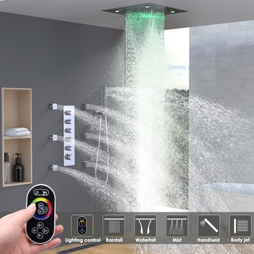 Enga Luxury Dual Shower Head System with Body Jets LED Thermostatic Shower System with 6 inch Wall Shower  20 Inch 3 Function Shower Head  Rainfall & Mist & Waterfall   Matte Black