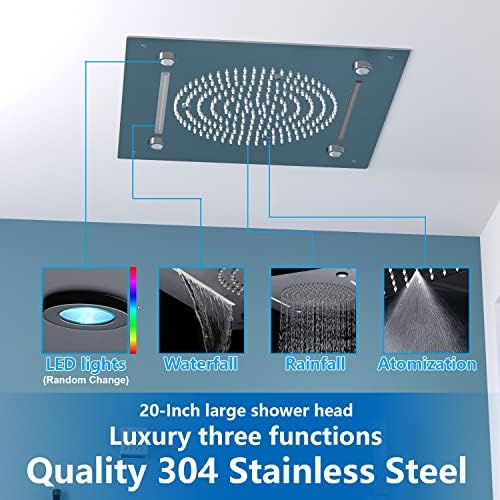 Enga Luxury Dual Shower Head System with Body Jets LED Thermostatic Shower System with 6 inch Wall Shower  20 Inch 3 Function Shower Head  Rainfall & Mist & Waterfall   Matte Black