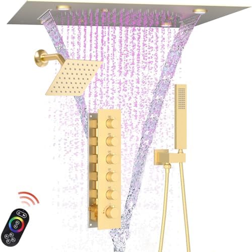 Enga Luxury Dual Shower Head System with Body Jets LED Thermostatic Shower System with 6 inch Wall Shower  20 Inch 3 Function Shower Head  Rainfall & Mist & Waterfall   Matte Black