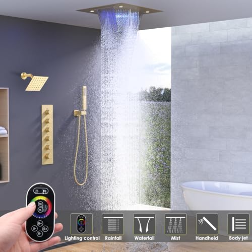 Enga Luxury Dual Shower Head System with Body Jets LED Thermostatic Shower System with 6 inch Wall Shower  20 Inch 3 Function Shower Head  Rainfall & Mist & Waterfall   Matte Black