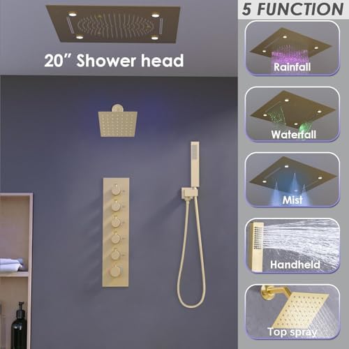 Enga Luxury Dual Shower Head System with Body Jets LED Thermostatic Shower System with 6 inch Wall Shower  20 Inch 3 Function Shower Head  Rainfall & Mist & Waterfall   Matte Black
