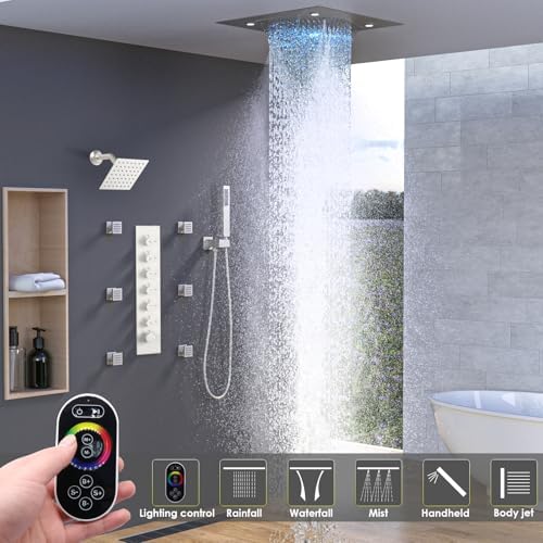 Enga Luxury Dual Shower Head System with Body Jets LED Thermostatic Shower System with 6 inch Wall Shower  20 Inch 3 Function Shower Head  Rainfall & Mist & Waterfall   Matte Black