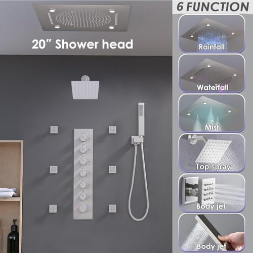 Enga Luxury Dual Shower Head System with Body Jets LED Thermostatic Shower System with 6 inch Wall Shower  20 Inch 3 Function Shower Head  Rainfall & Mist & Waterfall   Matte Black