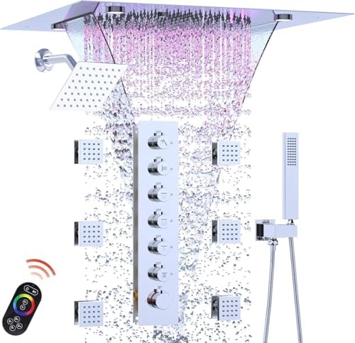 Enga Luxury Dual Shower Head System with Body Jets LED Thermostatic Shower System with 6 inch Wall Shower  20 Inch 3 Function Shower Head  Rainfall & Mist & Waterfall   Matte Black