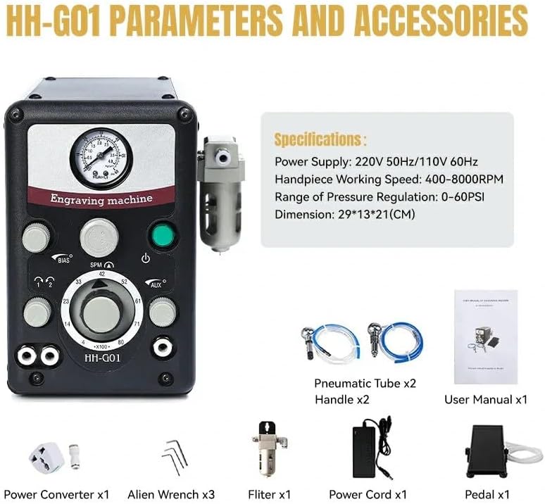 Engraving Machine for Metal  Pneumatic Jewelry Engraver 400 8000 RPM Adjustable Speed  Dual Head Metal Engraver Tool for Jewelry Making & Metal Processing   GEMKIT HH G01