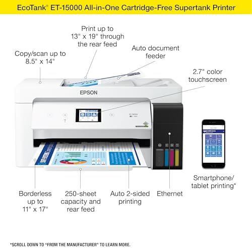 Epson EcoTank ET 15000 Wireless Color All in One Supertank Printer with Scanner  Copier  Fax  Ethernet and Printing up to 13 x 19 Inches  Renewed Premium  White