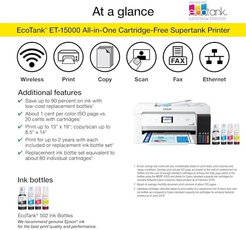 Epson EcoTank ET 15000 Wireless Color All in One Supertank Printer with Scanner  Copier  Fax  Ethernet and Printing up to 13 x 19 Inches  Renewed Premium  White