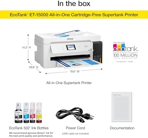 Epson EcoTank ET 15000 Wireless Color All in One Supertank Printer with Scanner  Copier  Fax  Ethernet and Printing up to 13 x 19 Inches  Renewed Premium  White