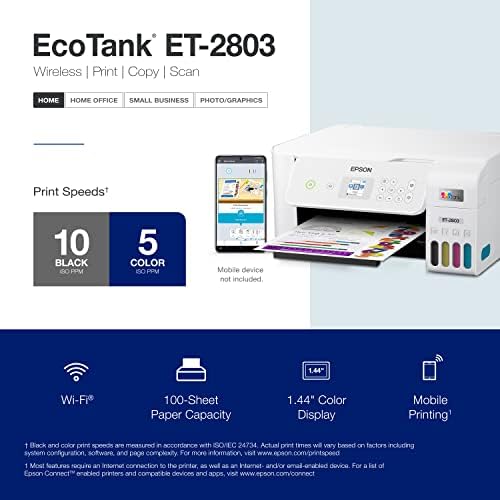 Epson EcoTank ET 2803 Wireless Color All in One Cartridge Free Supertank Printer with Scan  Copy and AirPrint Support