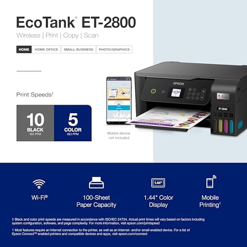 Epson EcoTank ET 2800 Wireless Color All in One Cartridge Free Supertank with Scan and Copy  The Ideal Basic Home Printer   Black