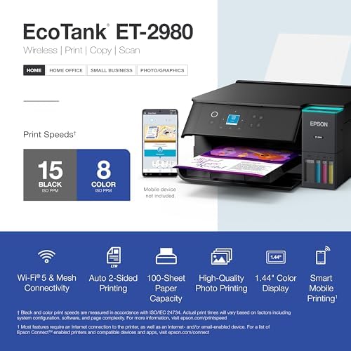 Epson EcoTank ET 2980 Wireless All in One Color Supertank Printer with Refillable Ink Tanks  3 Years of Ink  Mobile Printing  15 ISO PPM  Color Touchscreen  Auto 2 Sided  Black