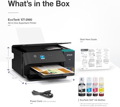 Epson EcoTank ET 2980 Wireless All in One Color Supertank Printer with Refillable Ink Tanks  3 Years of Ink  Mobile Printing  15 ISO PPM  Color Touchscreen  Auto 2 Sided  Black