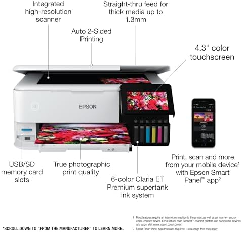 Epson EcoTank Photo ET 8500 Wireless Color All in One Supertank Printer with Scanner  Copier  Ethernet and 4 3 inch Color Touchscreen  White  Large