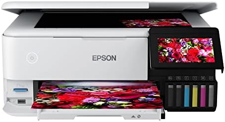 Epson EcoTank Photo ET 8500 Wireless Color All in One Supertank Printer with Scanner  Copier  Ethernet and 4 3 inch Color Touchscreen  White  Large