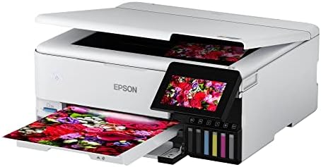 Epson EcoTank Photo ET 8500 Wireless Color All in One Supertank Printer with Scanner  Copier  Ethernet and 4 3 inch Color Touchscreen  White  Large