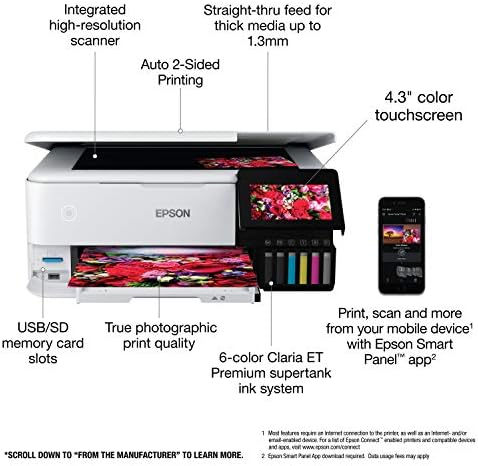 Epson EcoTank Photo ET 8500 Wireless Color All in One Supertank Printer with Scanner Copier  Ethernet and 4 3 inch Colorfull Touchscreen   White