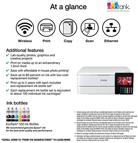 Epson EcoTank Photo ET 8500 Wireless Color All in One Supertank Printer with Scanner Copier  Ethernet and 4 3 inch Colorfull Touchscreen   White