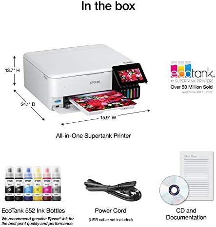 Epson EcoTank Photo ET 8500 Wireless Color All in One Supertank Printer with Scanner Copier  Ethernet and 4 3 inch Colorfull Touchscreen   White