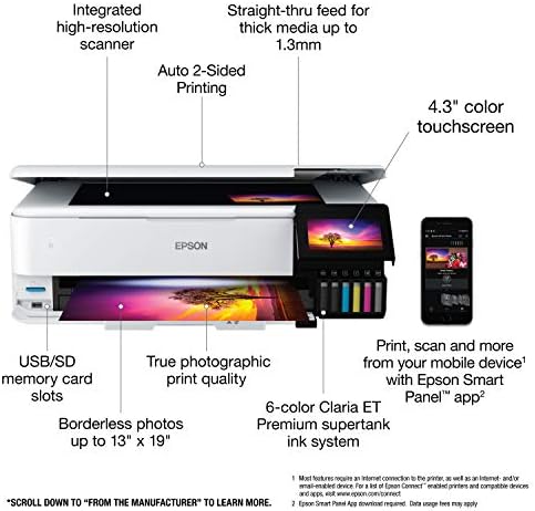 Epson EcoTank Photo ET 8550 Wireless Wide Format Color All in One Supertank Printer with High Resolution Scanner  Ethernet  USB  and Color Touchscreen