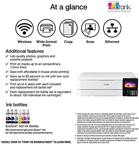 Epson EcoTank Photo ET 8550 Wireless Wide Format Color All in One Supertank Printer with High Resolution Scanner  Ethernet  USB  and Color Touchscreen
