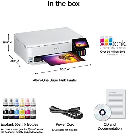 Epson EcoTank Photo ET 8550 Wireless Wide Format Color All in One Supertank Printer with High Resolution Scanner  Ethernet  USB  and Color Touchscreen